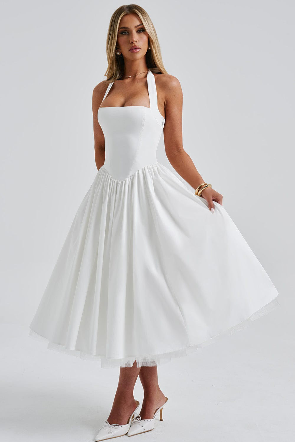 Halter Neck Basque Waist Pocket Gathered A-Line Midi Party Dress