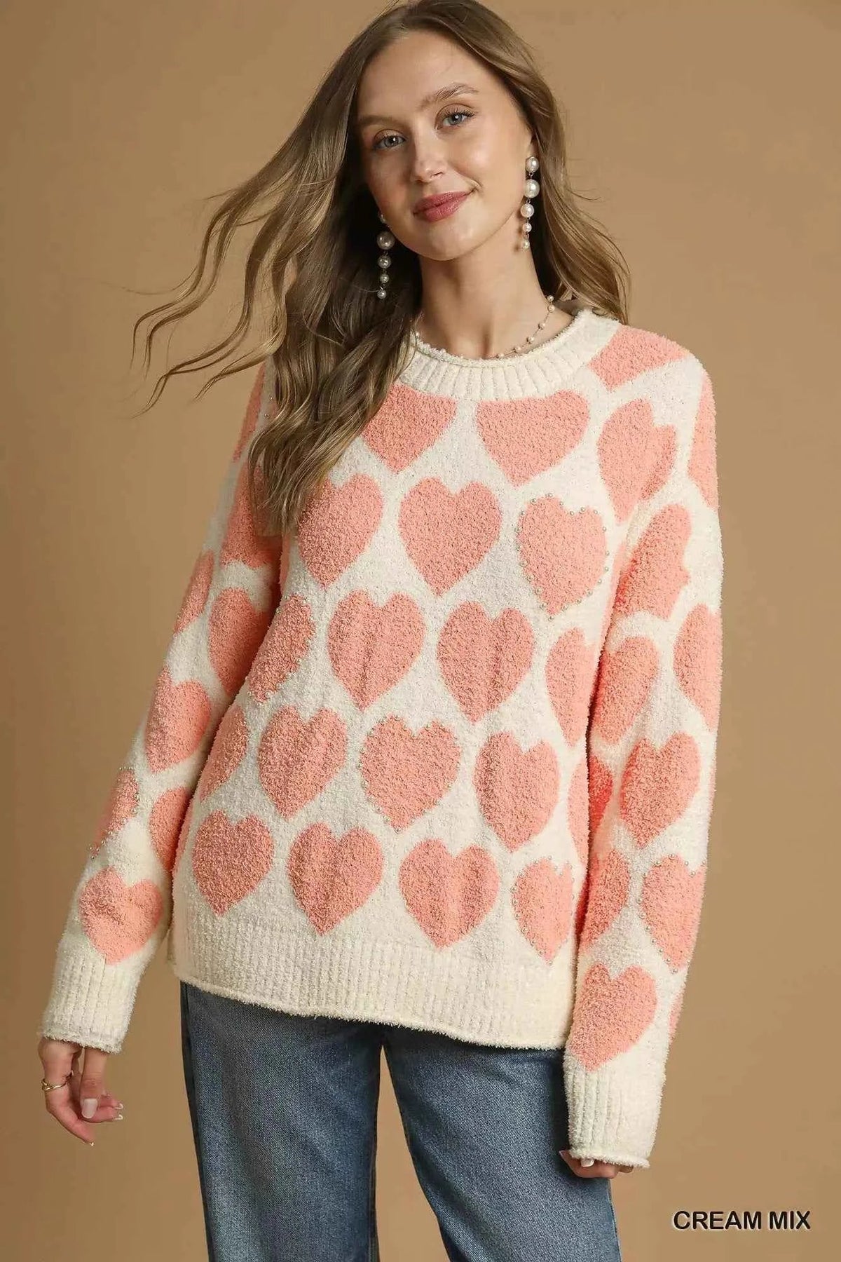 Heart Pattern Crew Neck Long Sleeve Fuzzy Knit Sweater