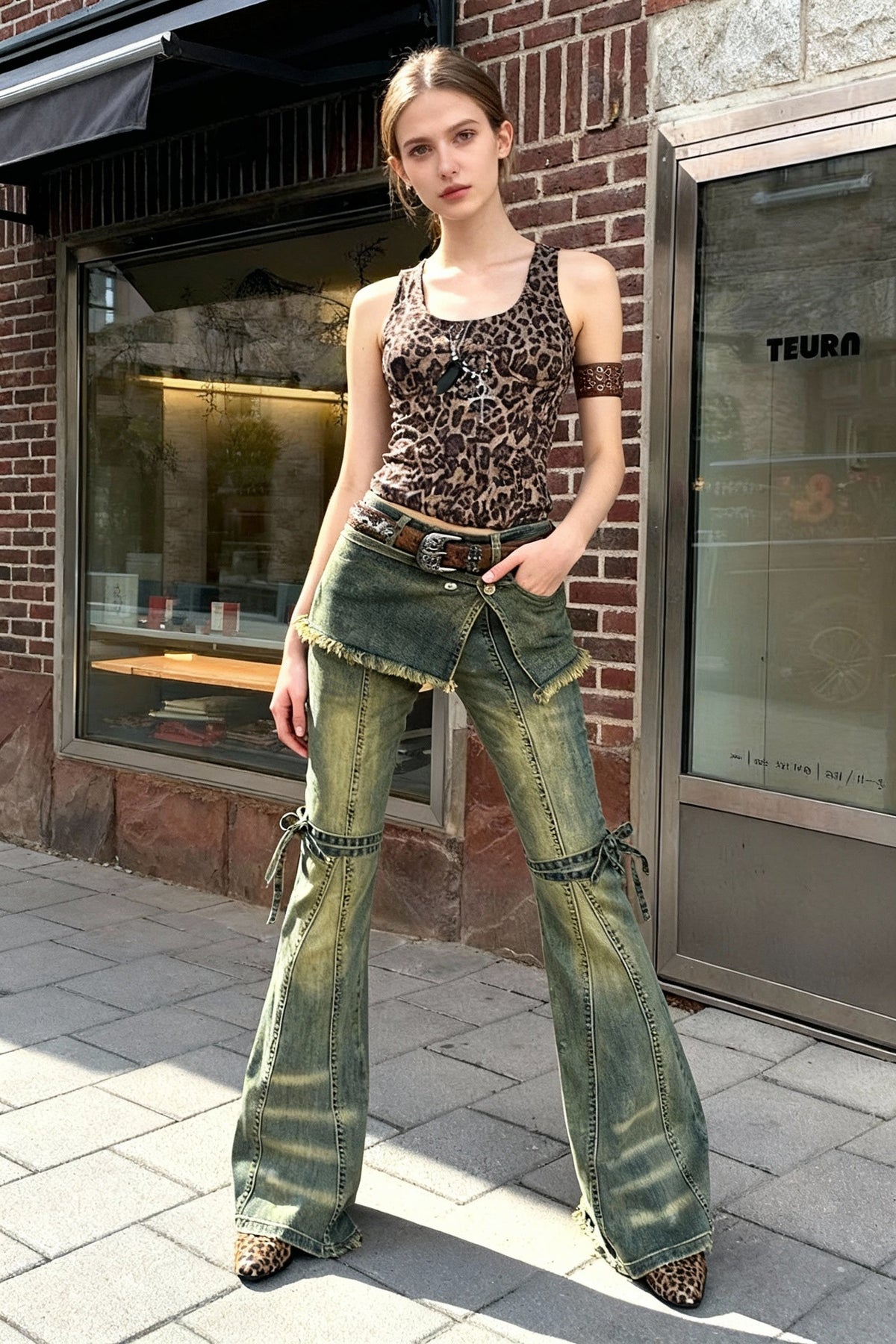 Frayed Skirt Overlay Lace Up Knee Washed Flare Jeans