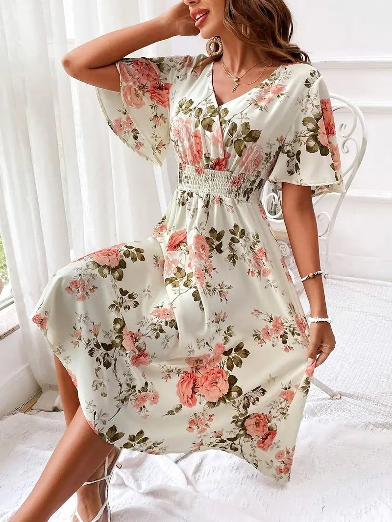 Floral Print V-Neck Flutter Sleeve Shirred Waist Midi Dress