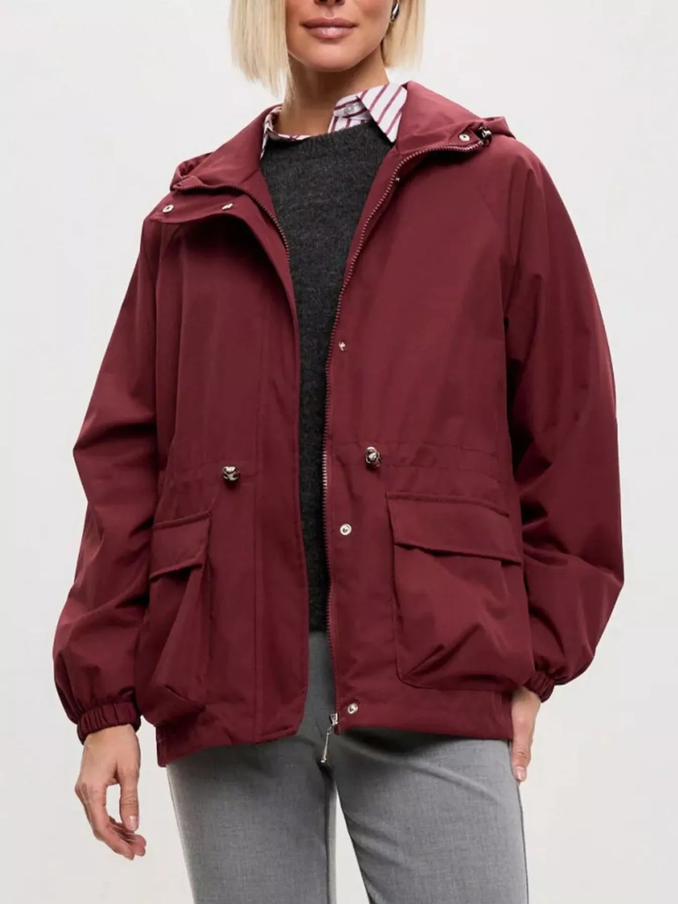Drawstring Waist Hooded Windbreaker Outerwear