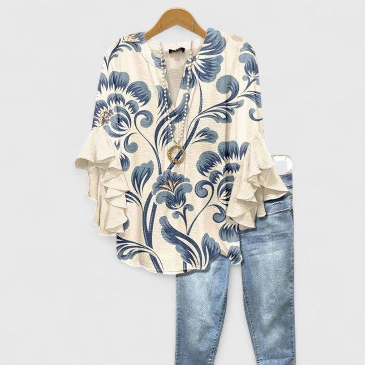 Floral Print V-Neck Ruffle Flare Sleeve Blouse