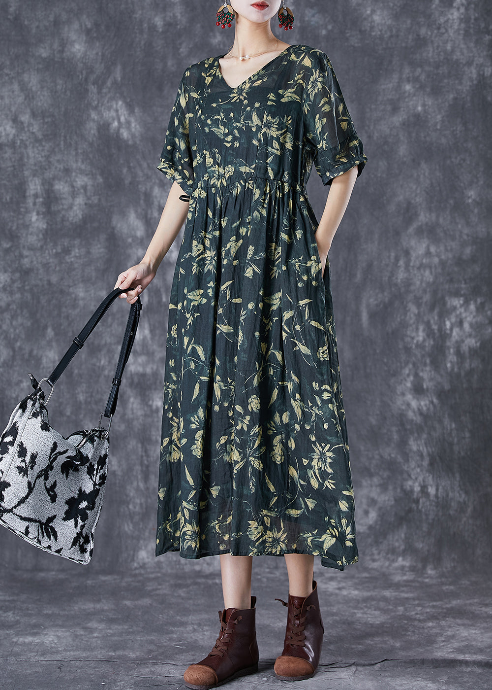 Botanical Print V-Neck Elbow Sleeve Gathered Waist Loose Midi Dress