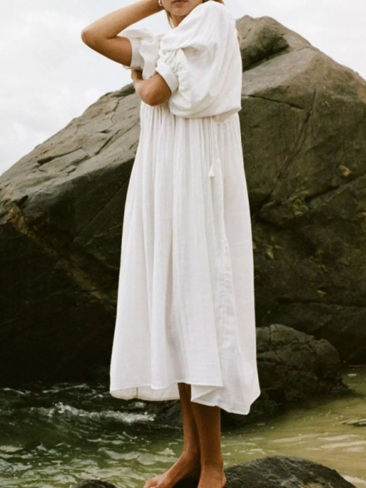 Split V-Neck Tie Neck Puff Sleeve Smock Midi Dress 6