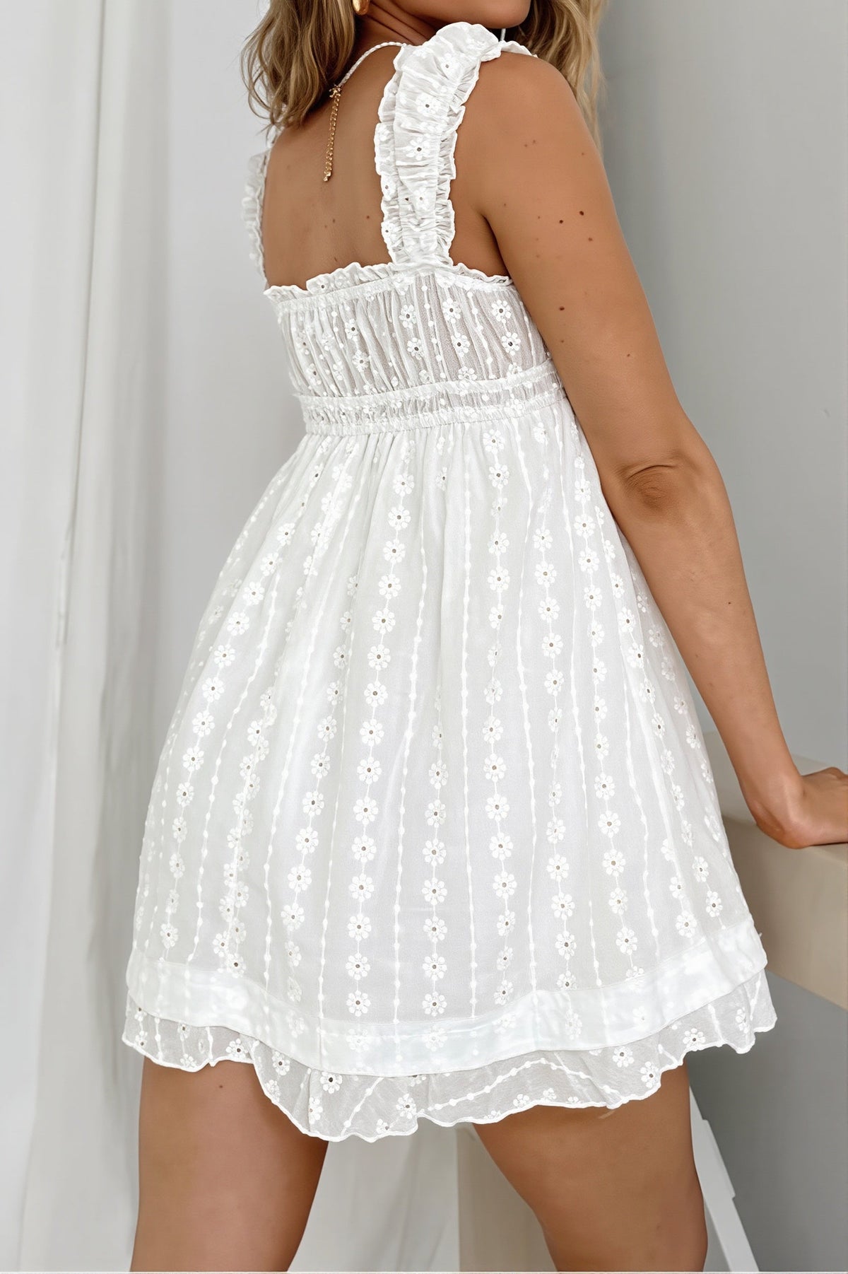 Eyelet Embroidered Square Neck Ruffle Strap Babydoll Mini Dress 6
