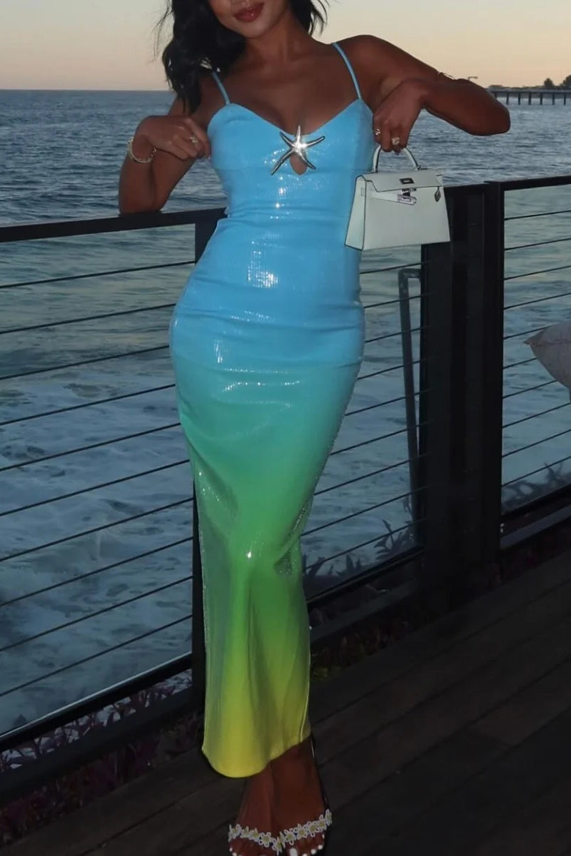 Sequin Ombre Sweetheart Spaghetti Strap Starfish Bodycon Maxi Dress