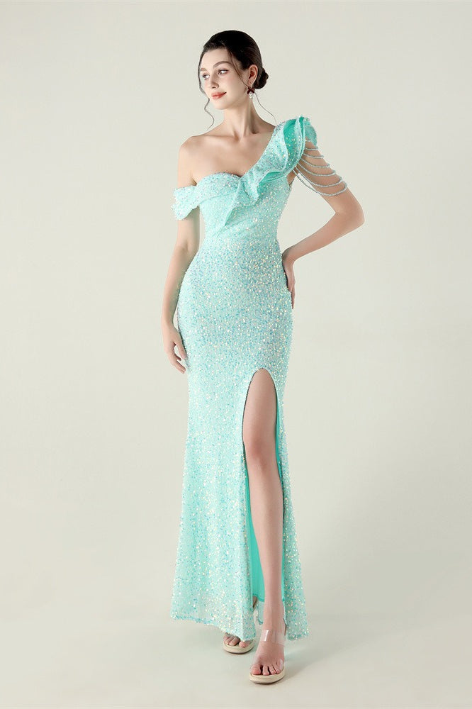 Sequin One Shoulder Ruffle High Split Mermaid Gown