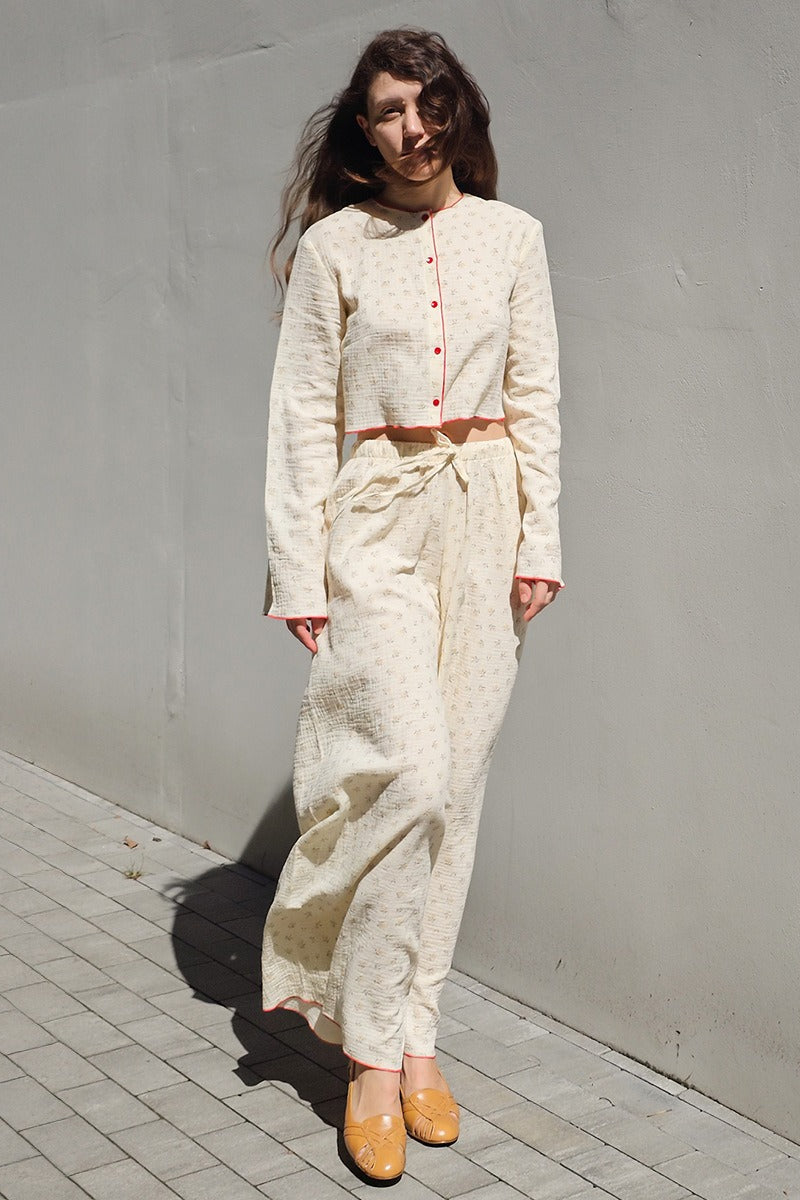 Floral Print Cropped Button Front Top and Wide Leg Pants Pajama Set