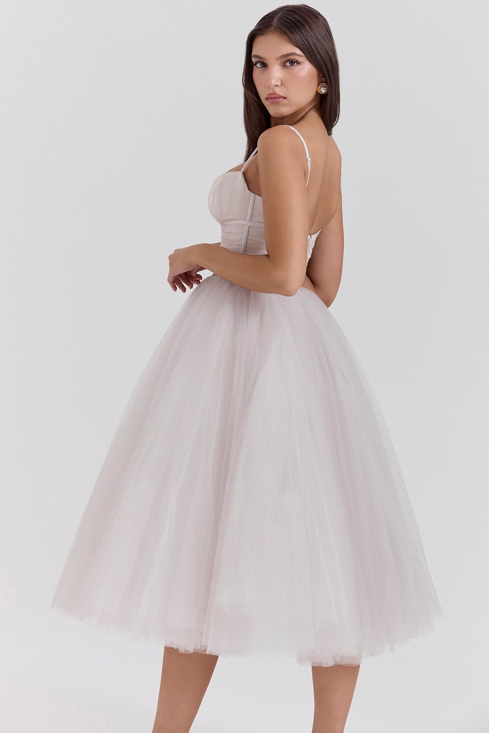 Tulle Sweetheart Spaghetti Strap Corset Fit and Flare Midi Dress