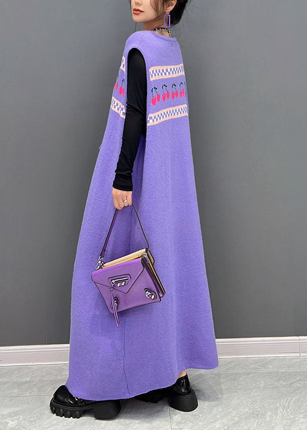 Knit Cherry Print Checkerboard Sleeveless Cut Out Drawstring Side Slit Maxi Dress