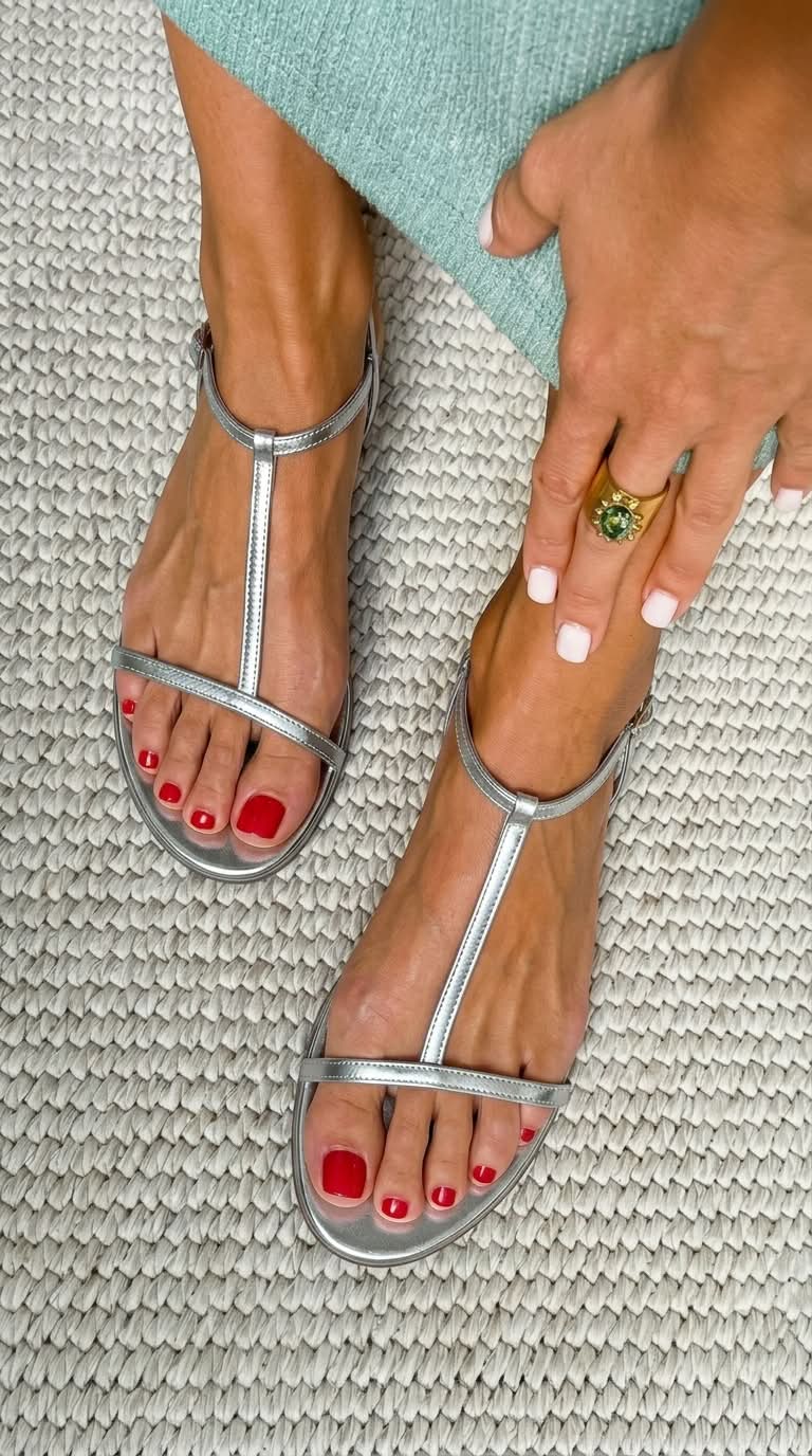 Metallic T Strap Ankle Buckle Flat Sandals
