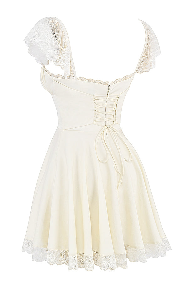 Lace Trim Square Neck Cap Sleeve Ruched Bust A-Line Mini Dress 15