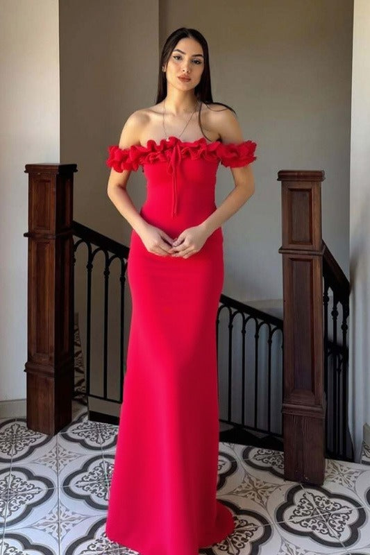 Off Shoulder Ruffle Trim Tie Front Bodycon Maxi Dress