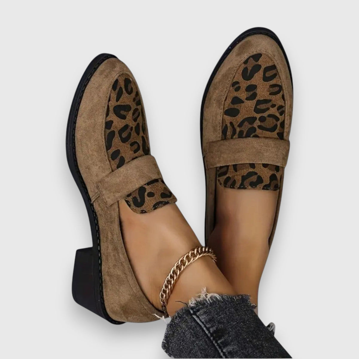 Leopard Print Panel Suede Block Heel Loafers
