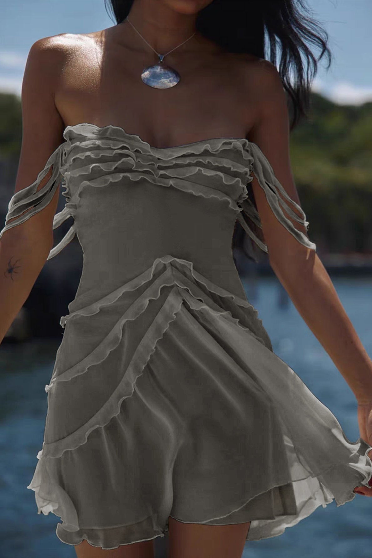 Sheer Mesh Off Shoulder Ruffle Ruched Bodycon Mini Dress