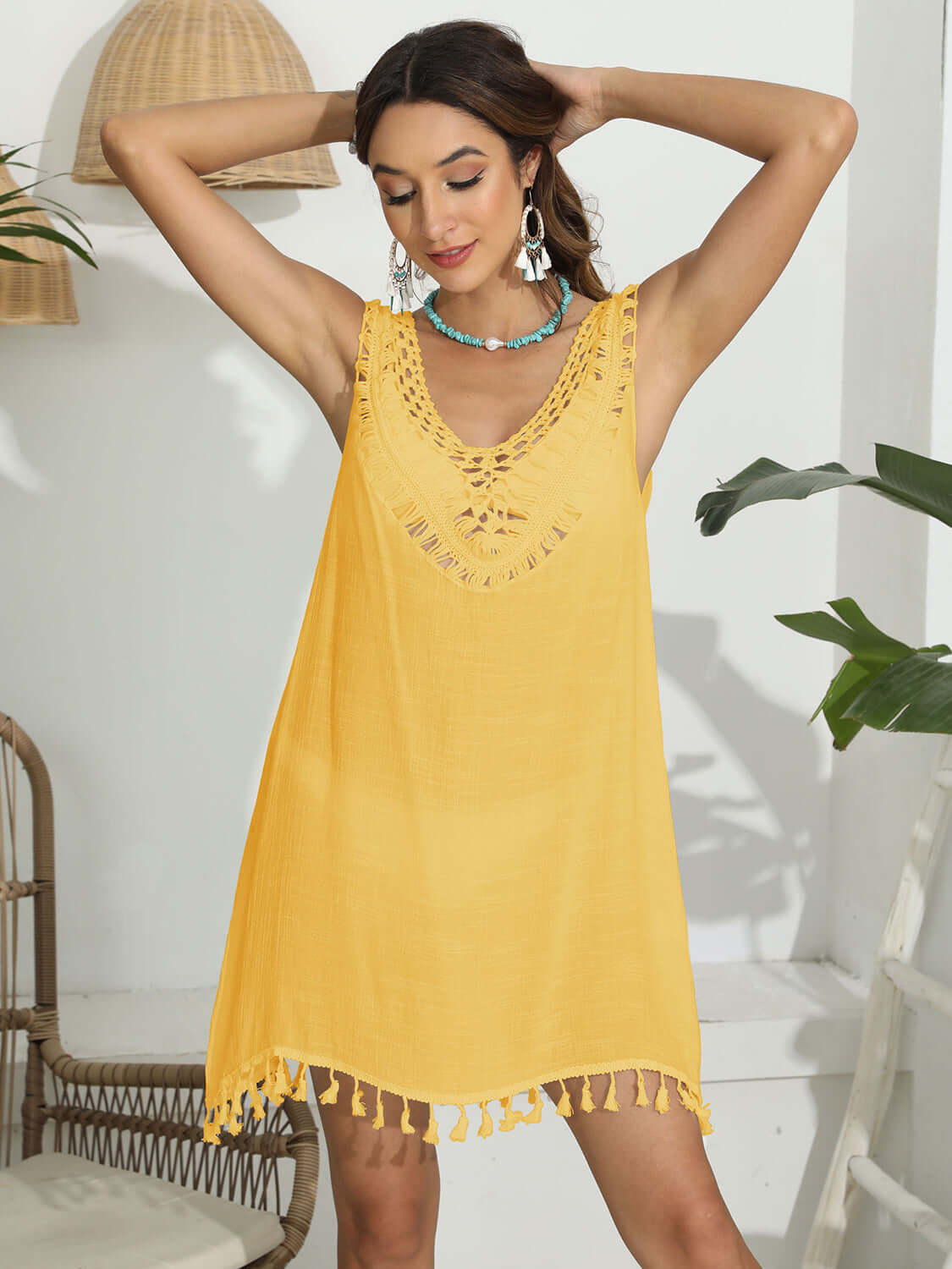 Tassel Scoop Neck Wide Strap Cover-Up Mustard One Size