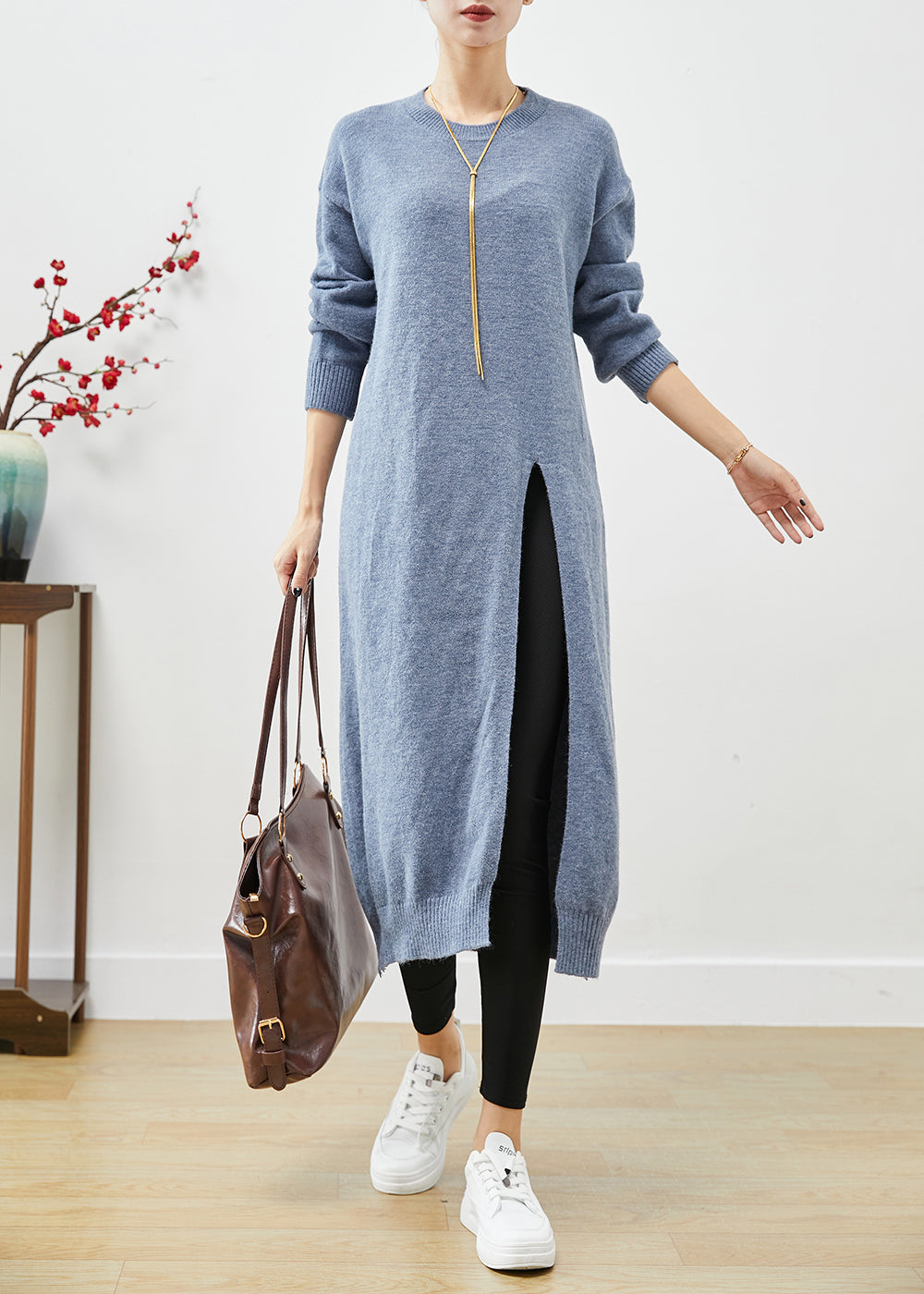 Knit Crew Neck Long Sleeve Ribbed High Split Sweater Midi Dress