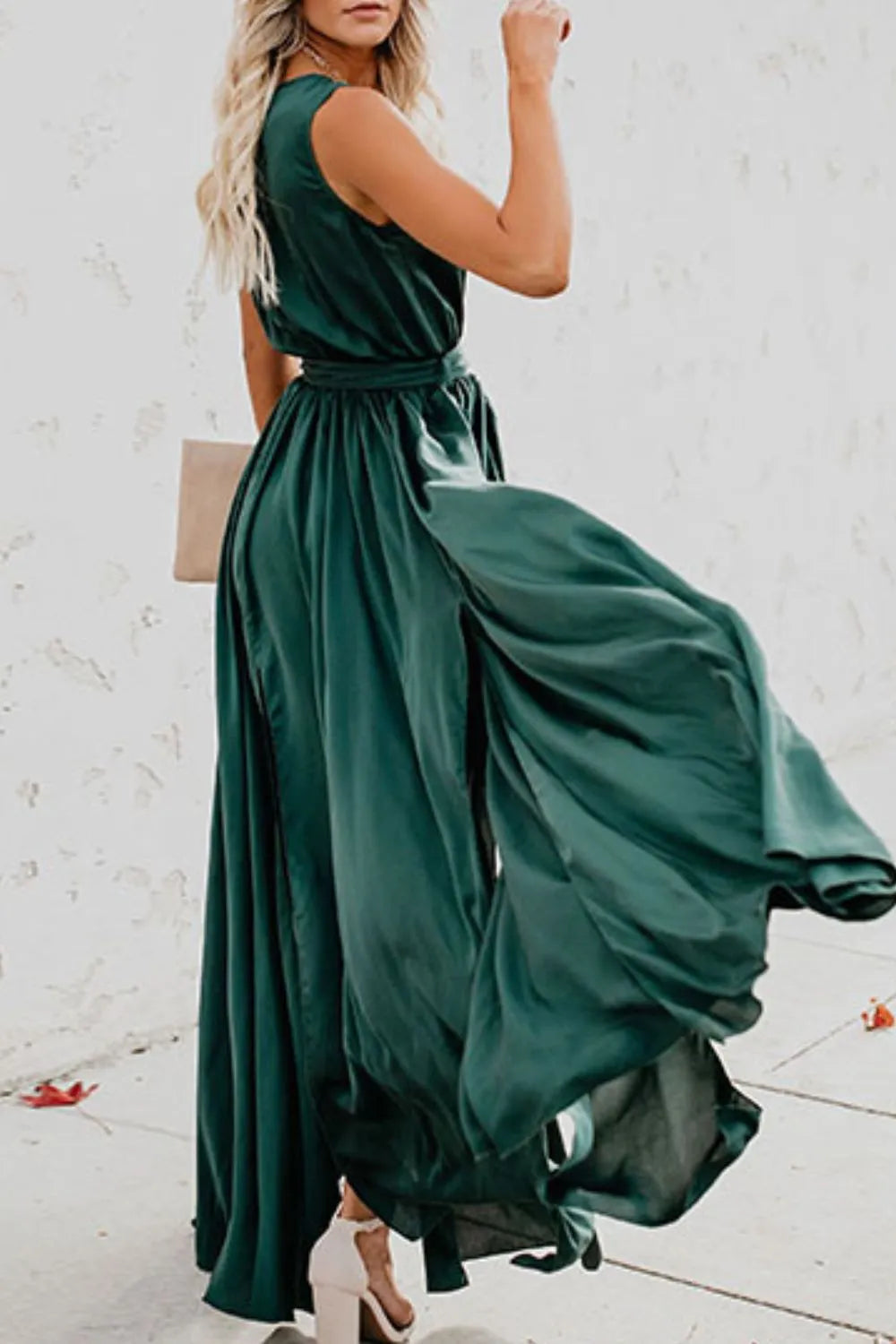 Satin Surplice V-Neck Sleeveless Tie Waist High Split Maxi Dress 14