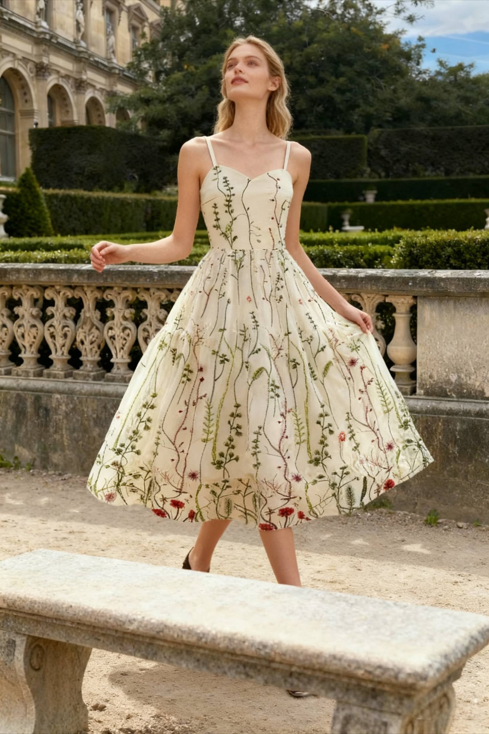 Floral Embroidered Tulle Sweetheart Spaghetti Strap Fit and Flare Midi Dress