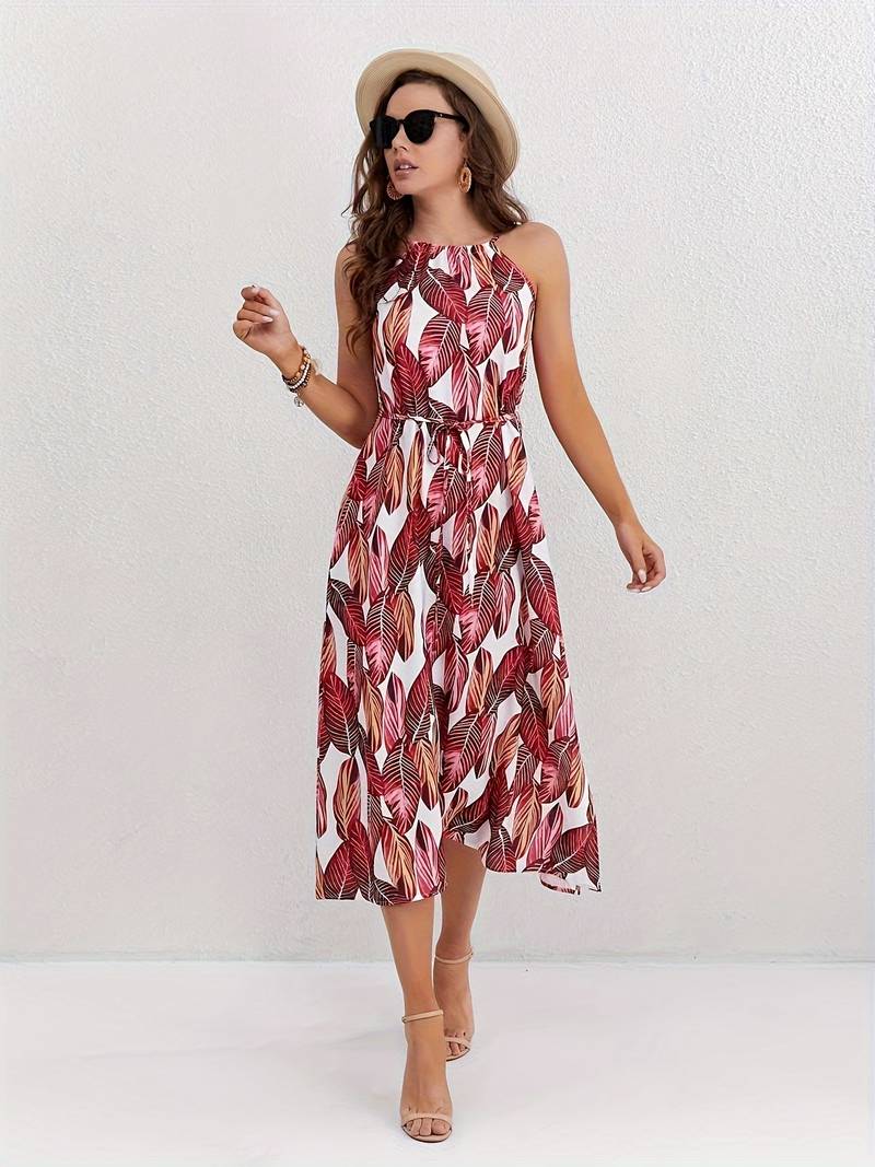 Jocelyn Boutique Halterneck Beach Dress with Leaf Pattern Premium Wardrobe Essential