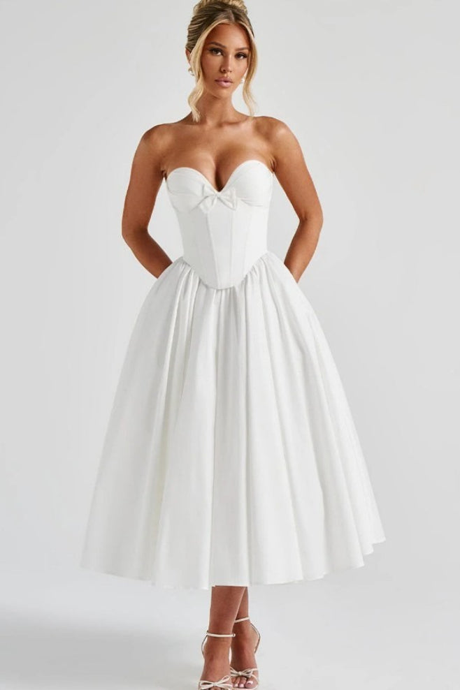 Strapless Bow Corset Satin Fit and Flare Midi Dress
