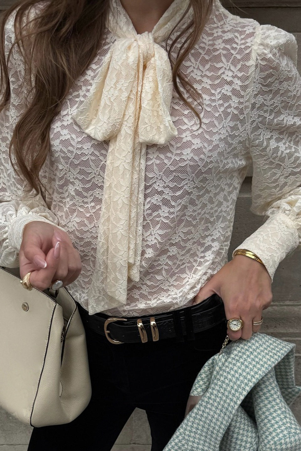 Floral Lace Bow Tie Neck Long Sleeve Sheer Blouse 4