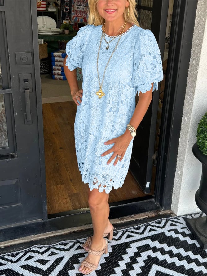 Floral Lace Round Neck Puff Sleeve Tiered Ruffle Shift Mini Dress