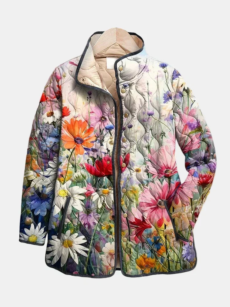 Wildflower Print Quilted Stand Collar Button Front Jacket