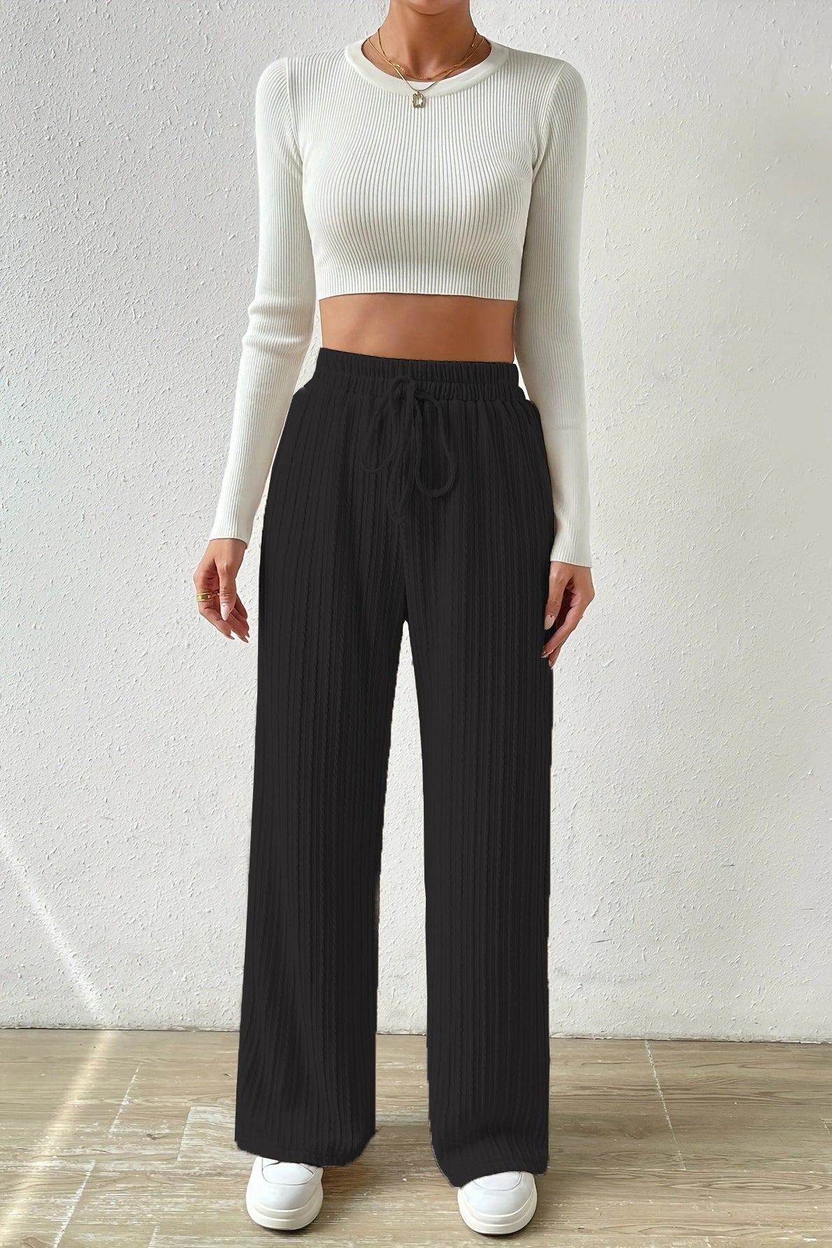 Elastic High Waist Drawstring Cable Textured Knit Wide Leg Pants 5