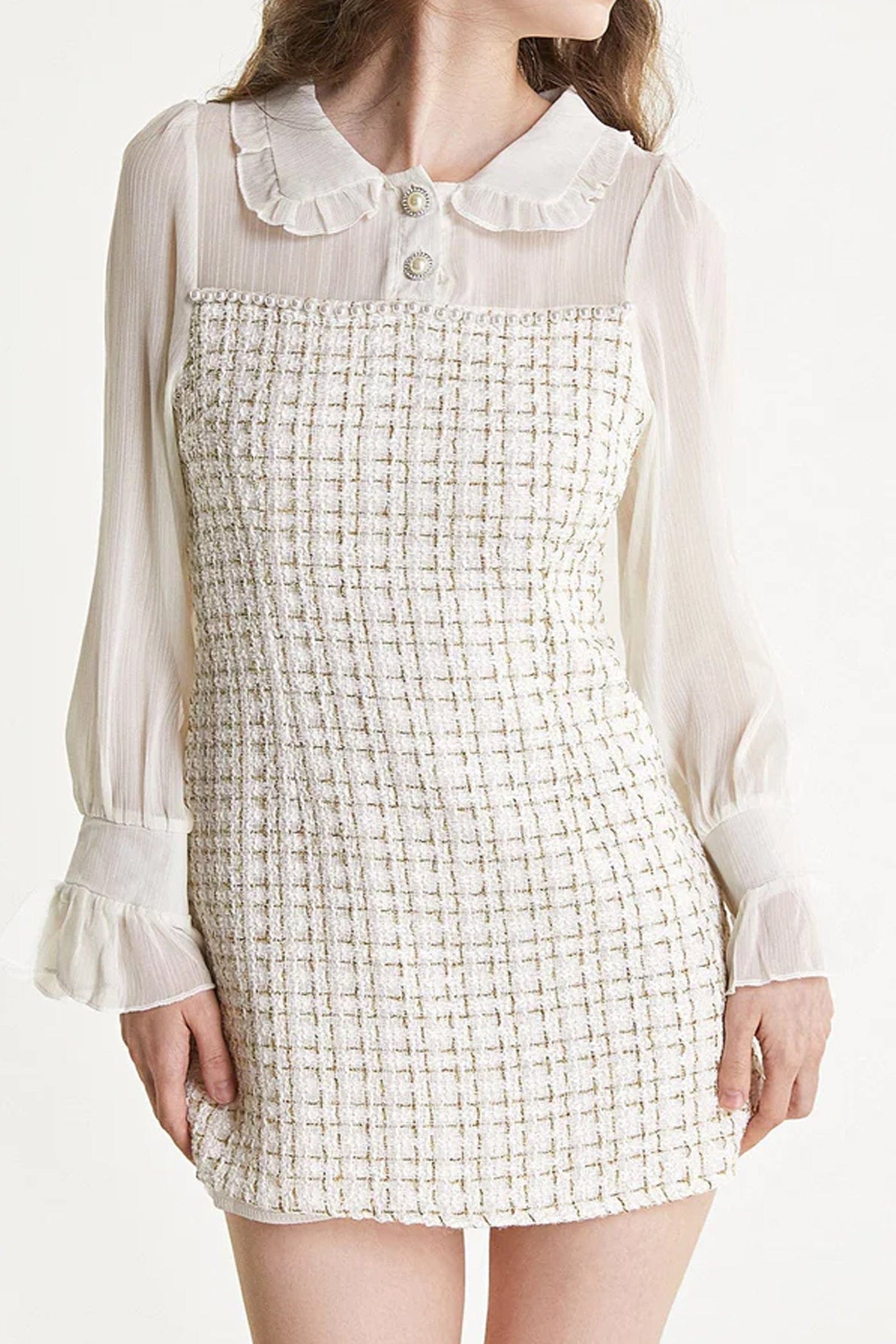 White Mesh Yoke Tweed Mini Dress - View 11