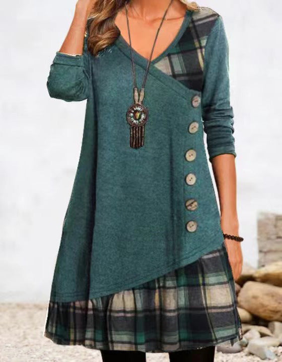 Plaid Patchwork V-Neck Long Sleeve Button Front Tunic Dress 9
