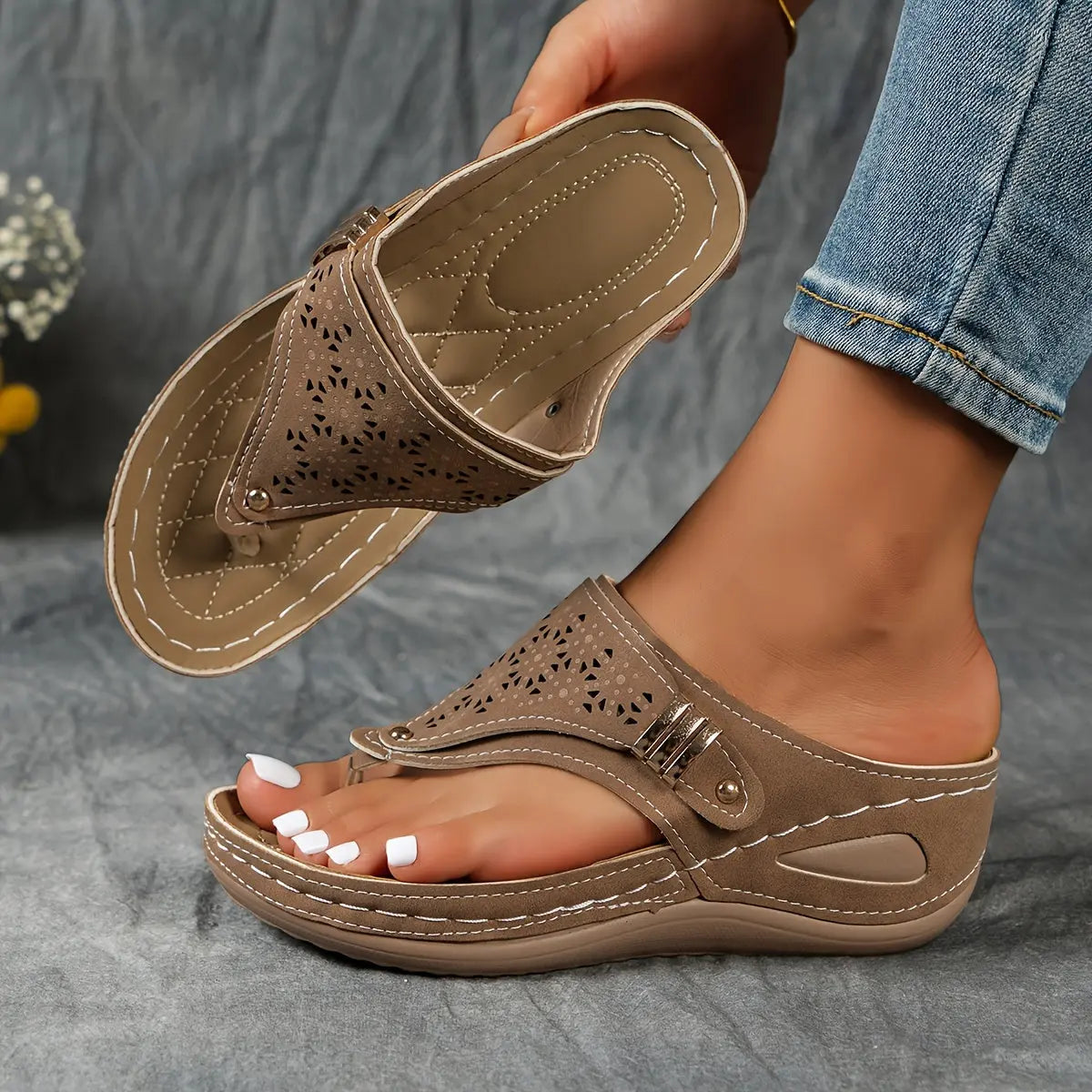 Cut Out Floral Thong Wedge Sandals