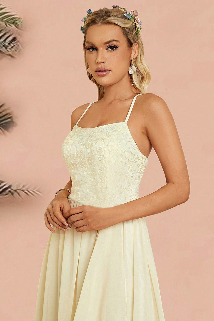 Lace Square Neck Spaghetti Strap Chiffon A-Line Maxi Dress