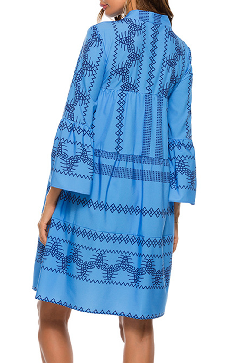 Mandarin Collar V-Neck Long Sleeve Geometric Print Tiered Mini Dress