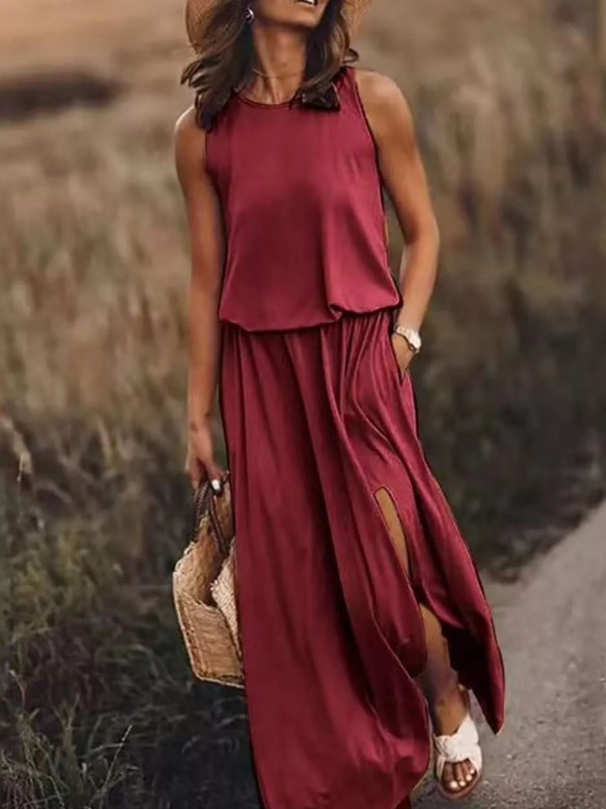 Round Neck Sleeveless Slit Maxi Dress