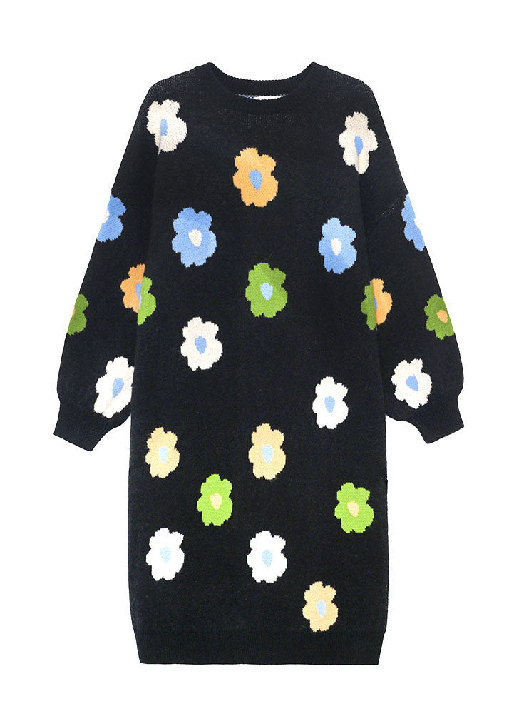 Knit Floral Print Oversized Crew Neck Long Sleeve Maxi Sweater Dress