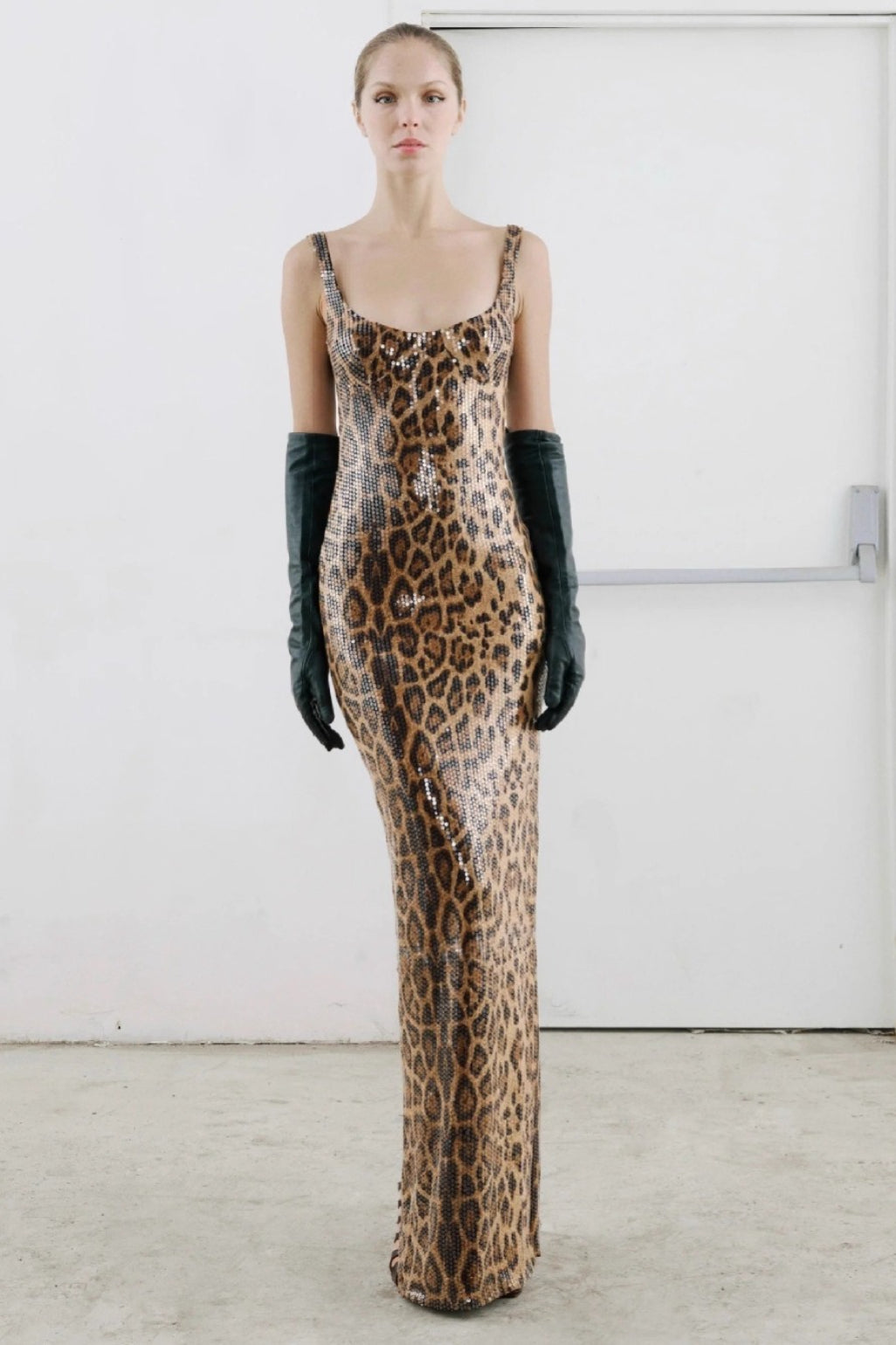 Leopard Sequin Sheer Cape Cut Out Mermaid Maxi Gown