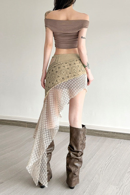 Crochet Lace Patchwork Asymmetric High Low Hem Wrap Skirt 3