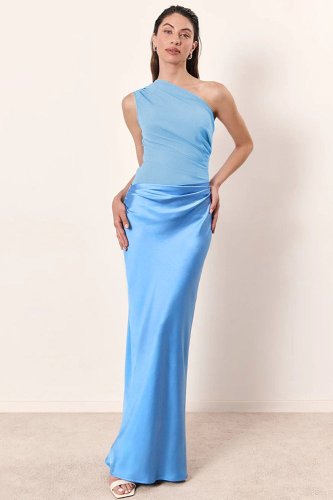 One Shoulder Sleeveless Ruched Satin Skirt Bodycon Maxi Dress 4