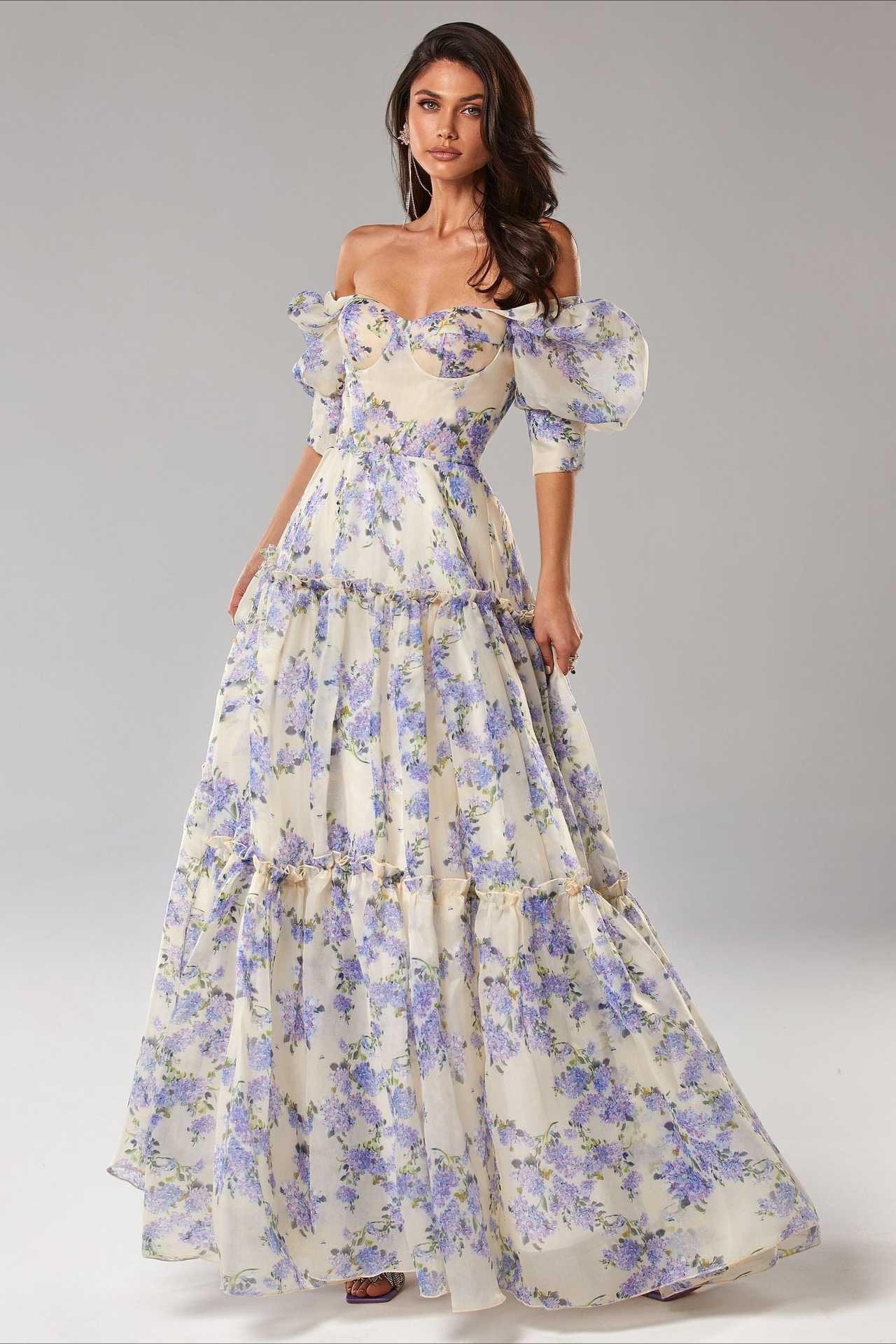Floral Off Shoulder Puff Sleeve Sweetheart Tiered Maxi Dress