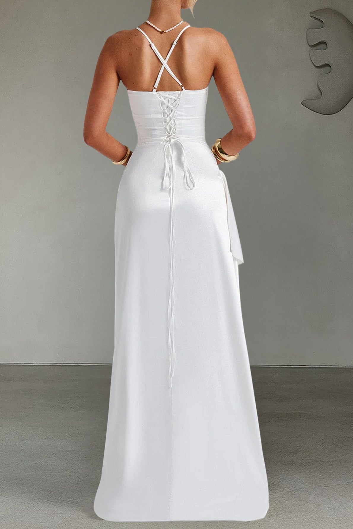 Satin Spaghetti Strap Cowl Neck Ruched High Split Drape Maxi Gown