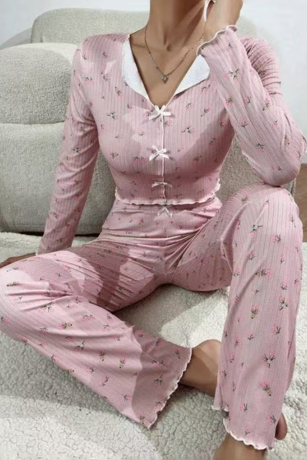 Bow Collar Cuffed Print Pajama Set