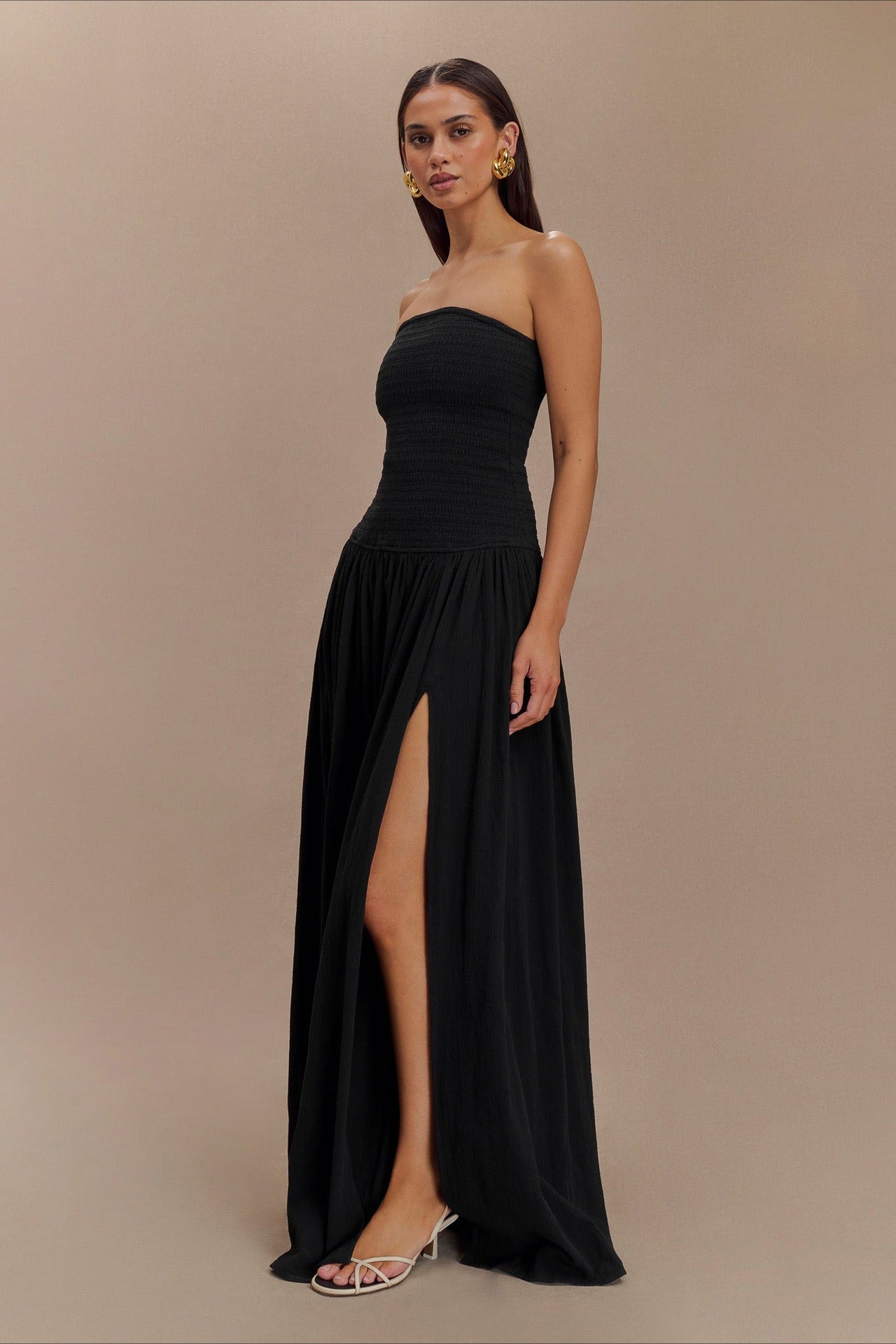 Strapless Ruched High Split Flowy Maxi Prom Dress