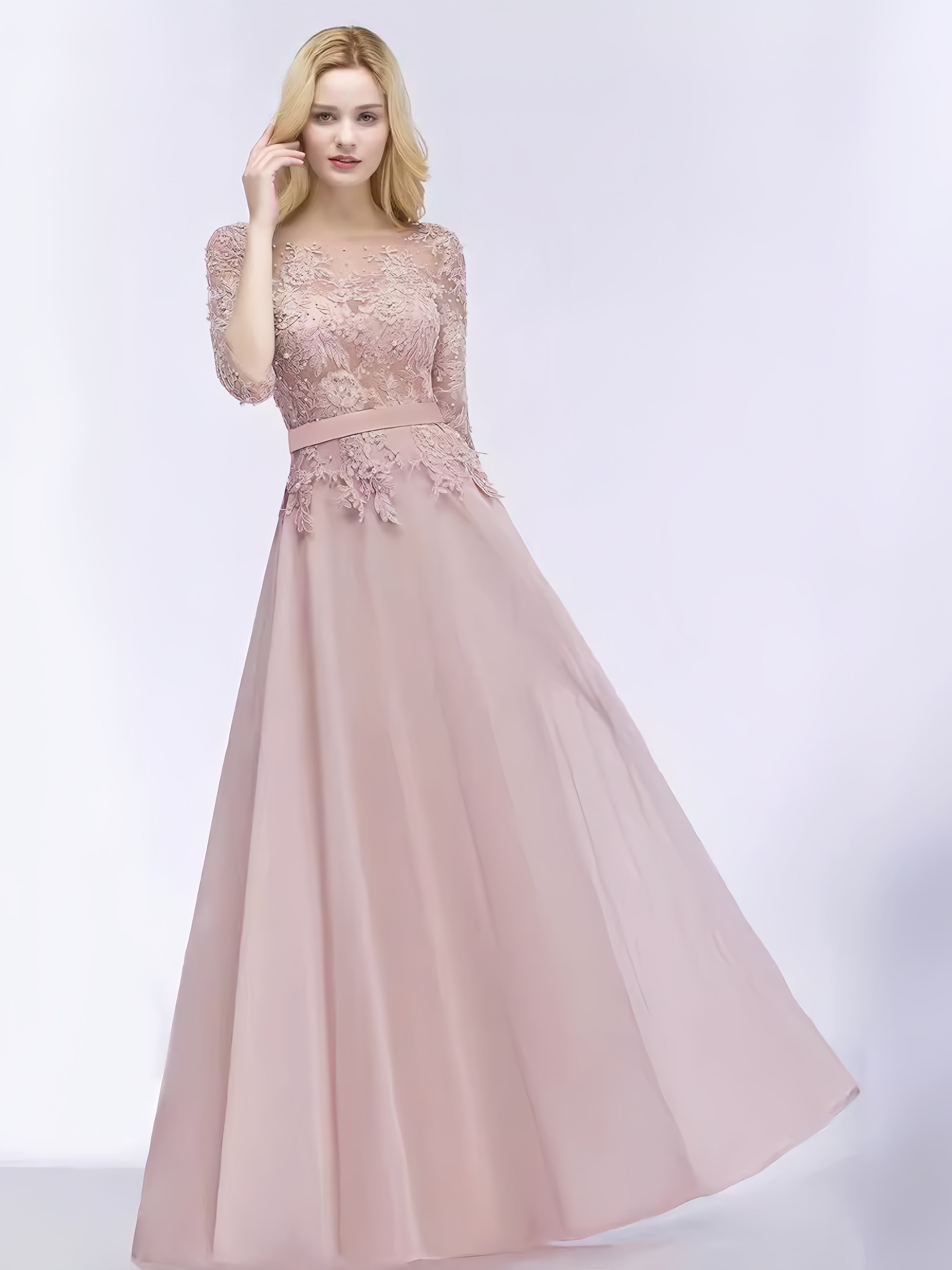 Illusion Lace Floral Appliqué Three Quarter Sleeve A-Line Maxi Evening Gown