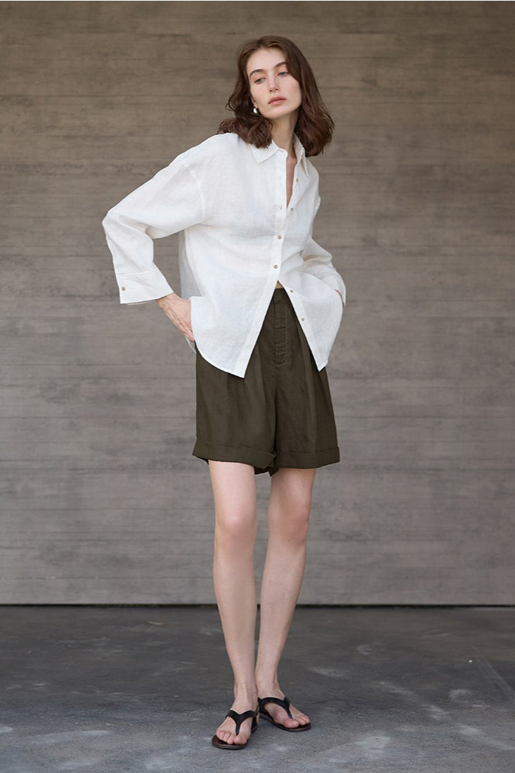 Linen Look Collared Drop Shoulder Wide Sleeve Relaxed Shirt 4
