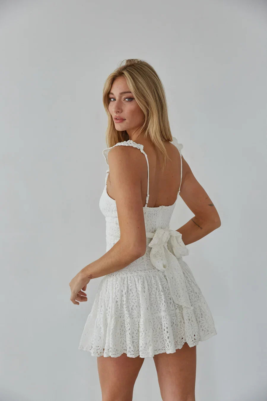 Eyelet Lace Sweetheart Ruffle Strap Tiered Mini Dress 11