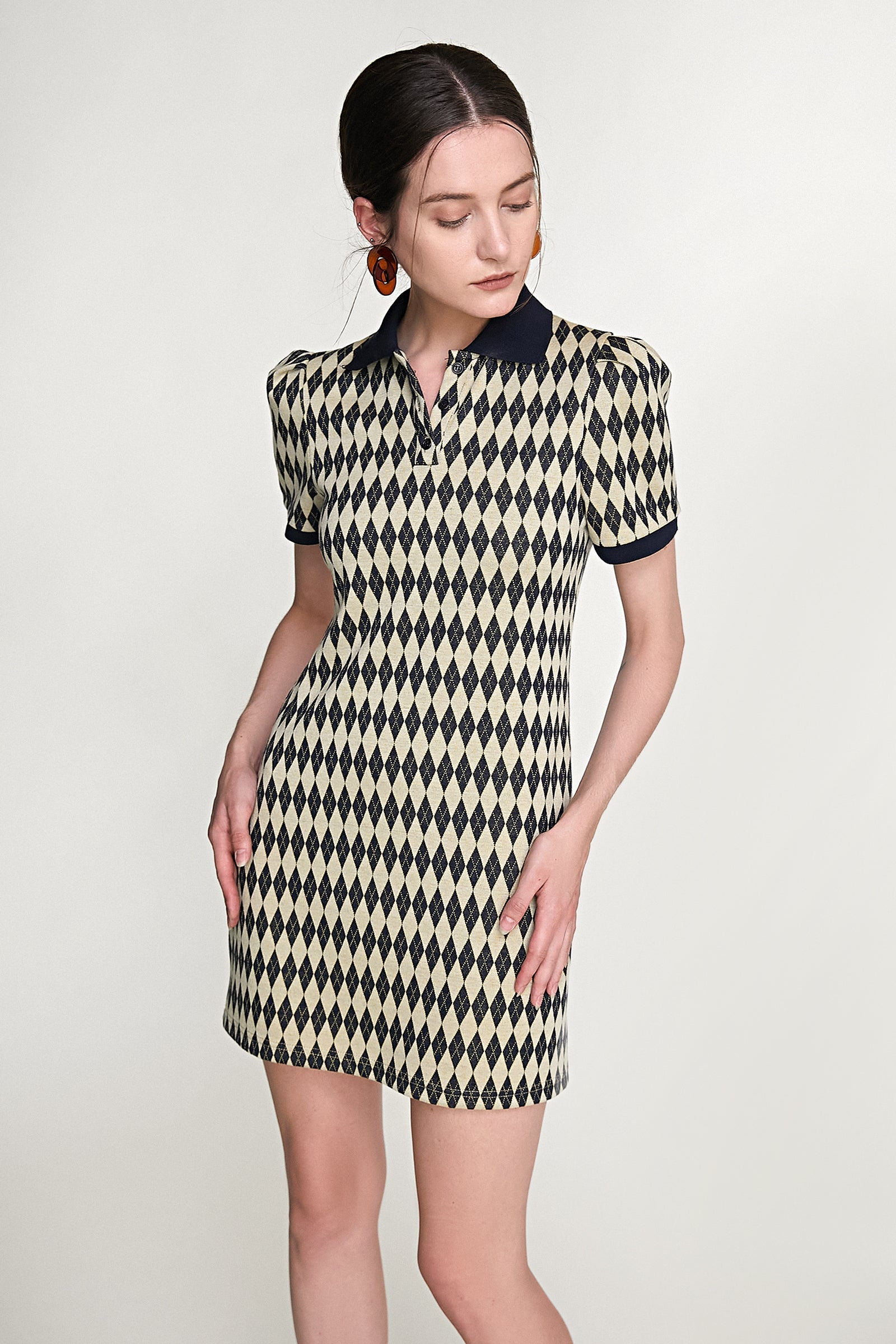 Argyle Knit Polo Collar Puff Sleeve Contrast Trim Mini Dress