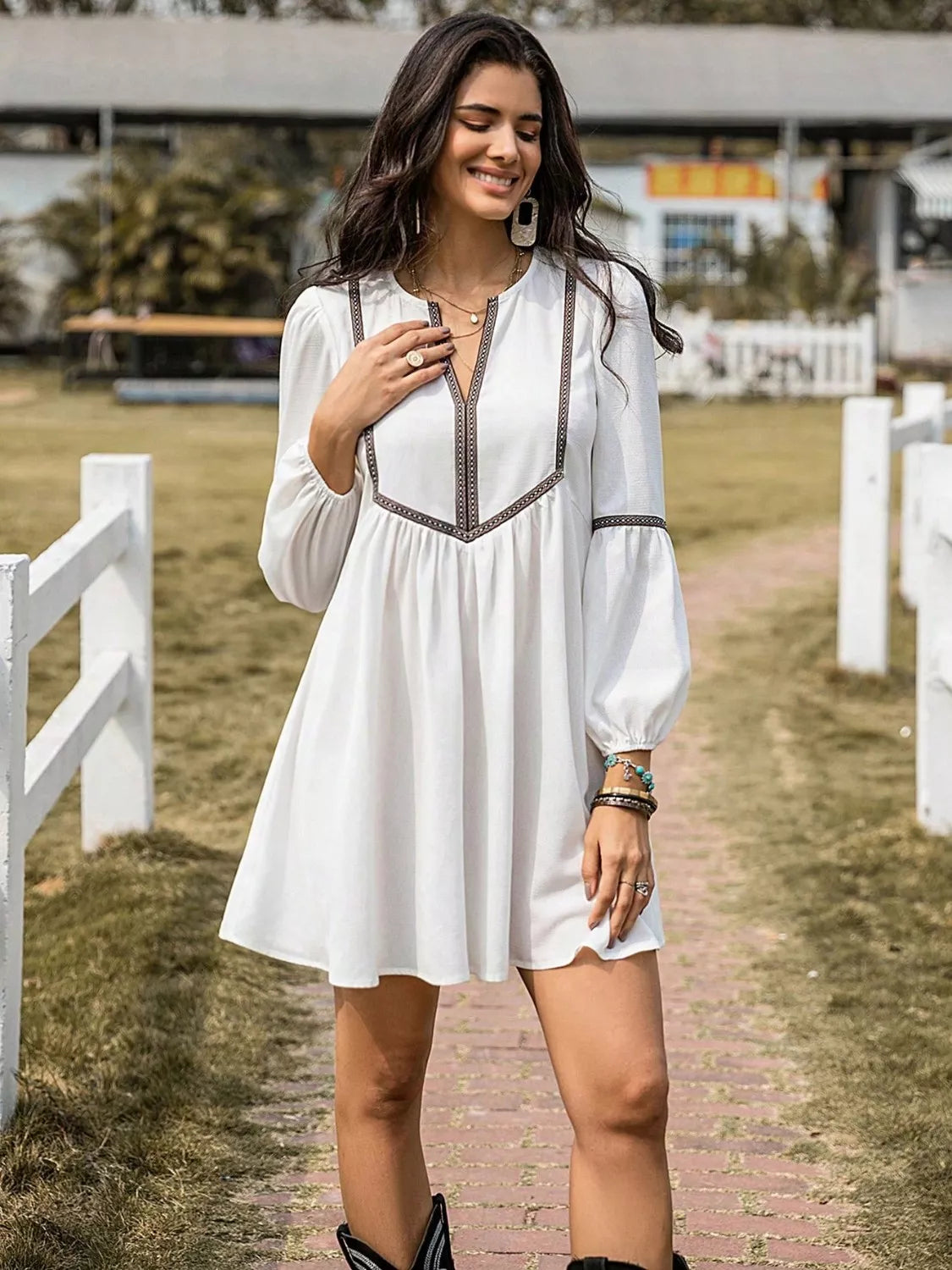 Embroidered Tape Trim Notch Neck Long Sleeve Smock Mini Dress 5