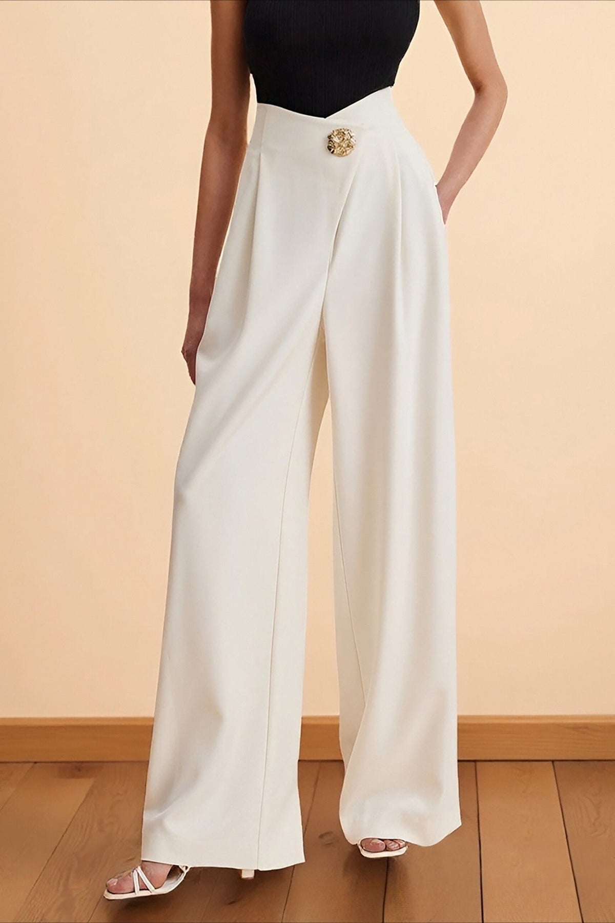 Asymmetrical High Waist Brooch Button Pleated Wide Leg Trousers