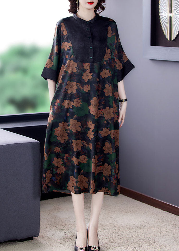 Floral Print Contrast Yoke Button Collar Wide Sleeve Contrast Cuff A-Line Midi Dress